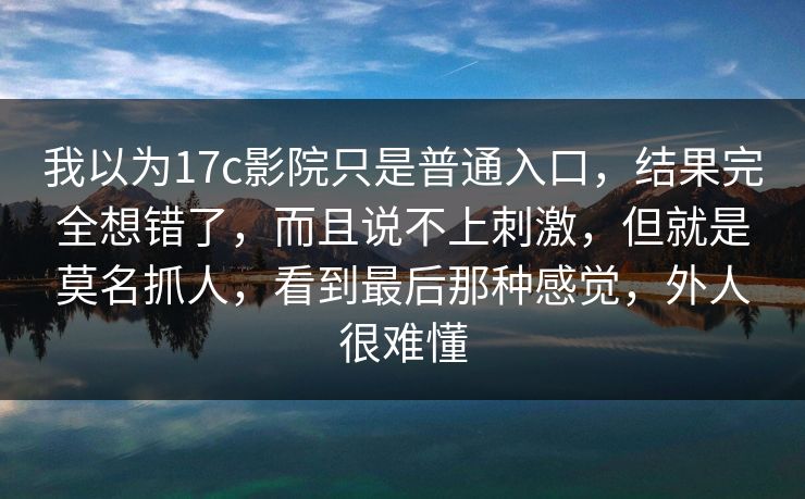 我以为17c影院只是普通入口，结果完全想错了，而且说不上刺激，但就是莫名抓人，看到最后那种感觉，外人很难懂